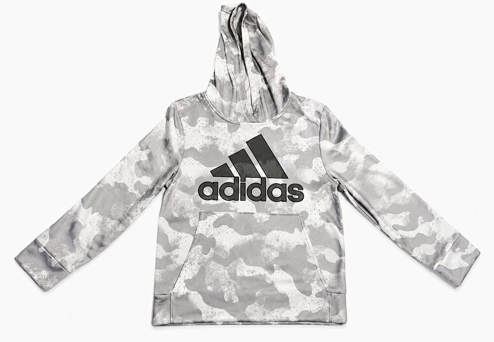 adidas Boys Size 8 Gray/White Camo Pullover Hoodie Polyester Logo Pockets